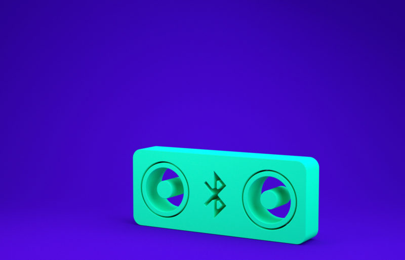 Green Bluetooth speakers icon isolated on blue background. Bluetooth stereo speaker. Minimalism concept. 3d illustration 3D render