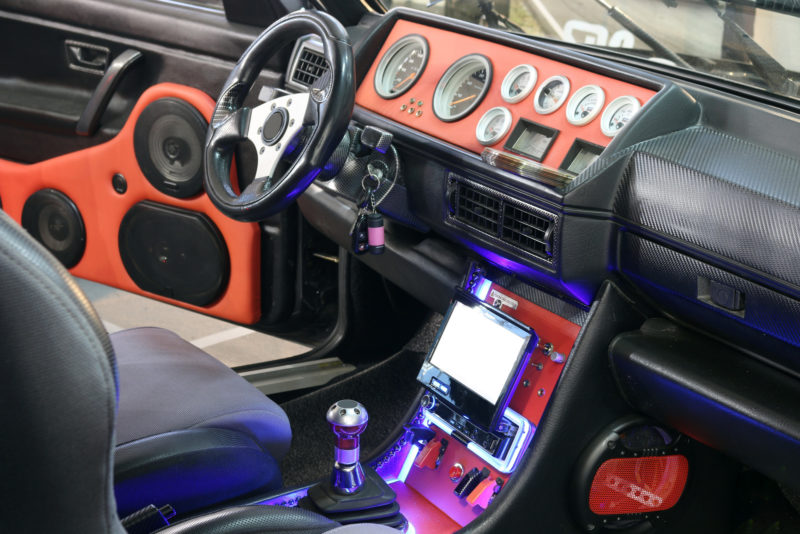 custom car interior with car speaker audio system and lcd display