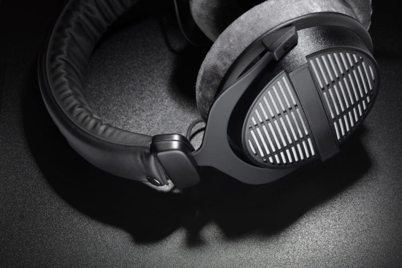 Black studio over-ear open back headphones on dark background