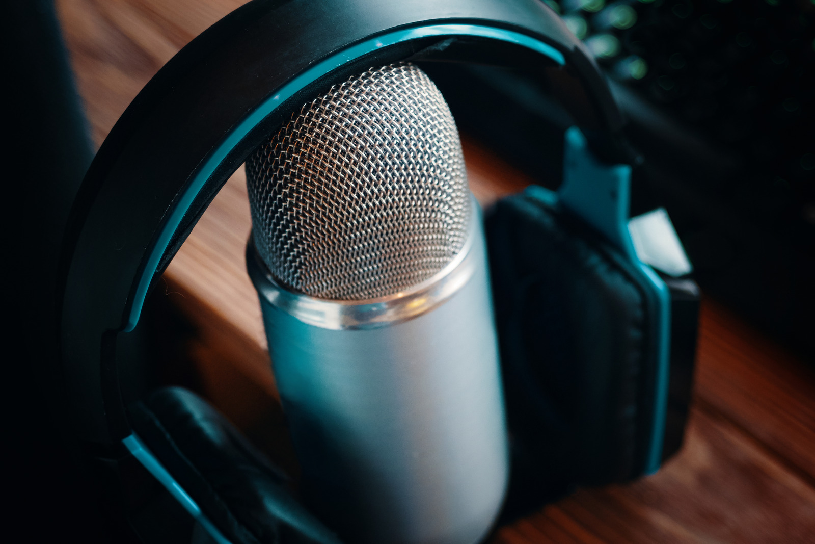 Podcast studio. Pro Headphones on professional microphone