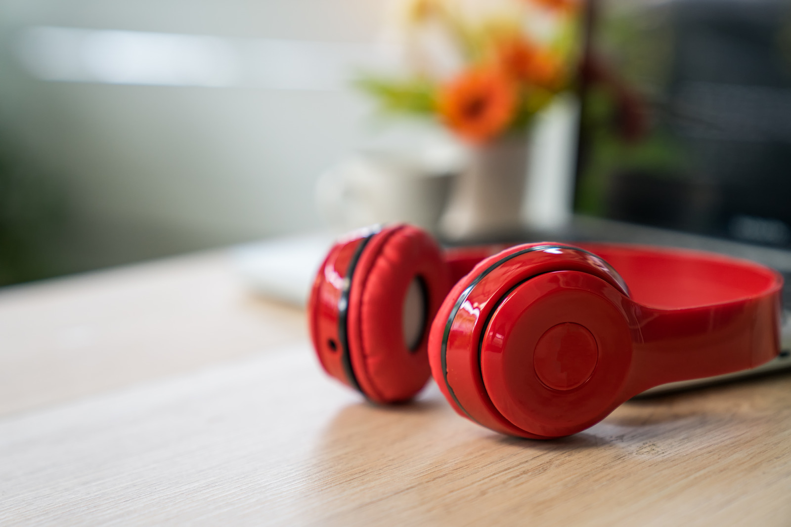 Red headphones,red headphones with laptop